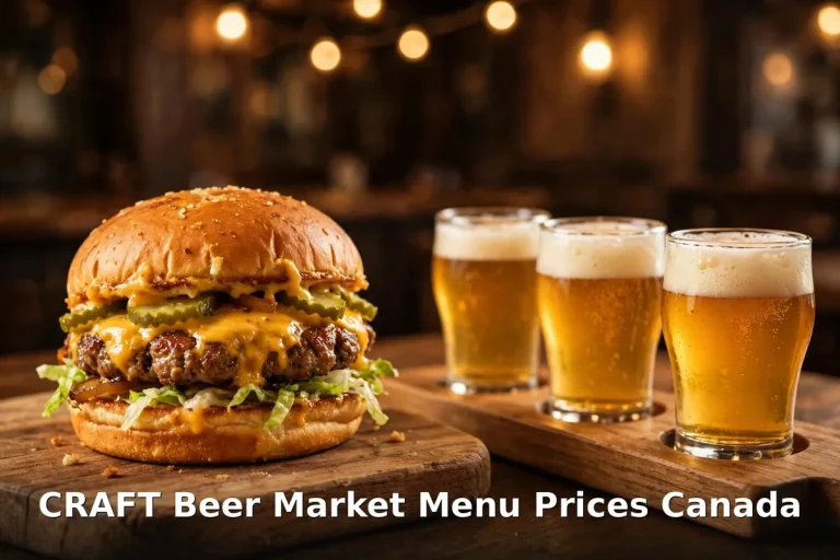 CRAFT Beer Market menu prices Canada 2026: smash burger with melted cheese and a flight of craft beers on a pub table
