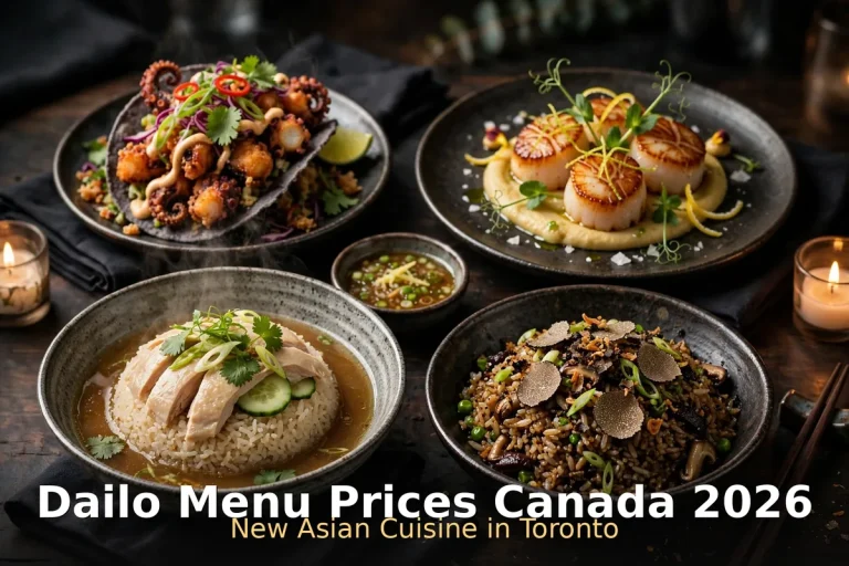 DaiLo menu prices Canada 2026 featured: AI-generated New Asian cuisine spread with octopus taco, Hainan chicken rice and truffle fried rice, crisp PIL keyword overlay