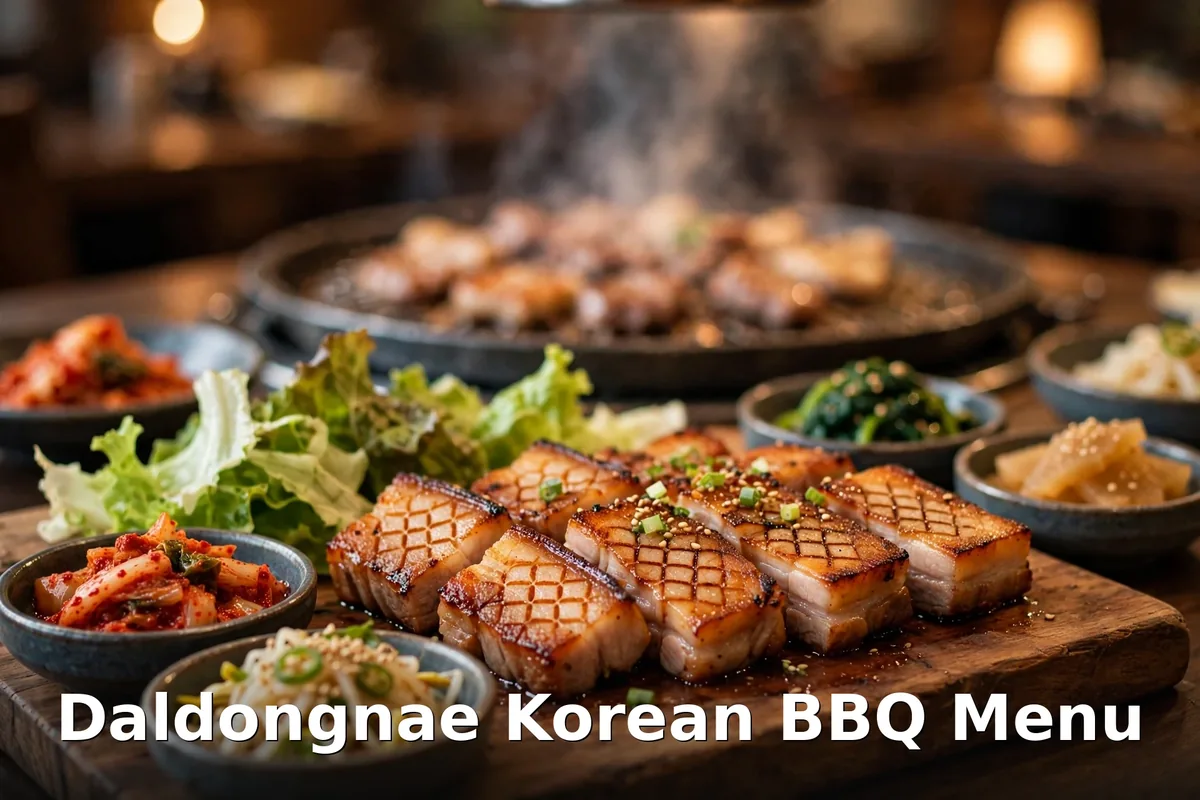 Daldongnae Korean BBQ samgyeopsal menu prices Canada - grilled pork belly with lettuce wraps and kimchi, daldongnae korean bbq menu prices canada 2026