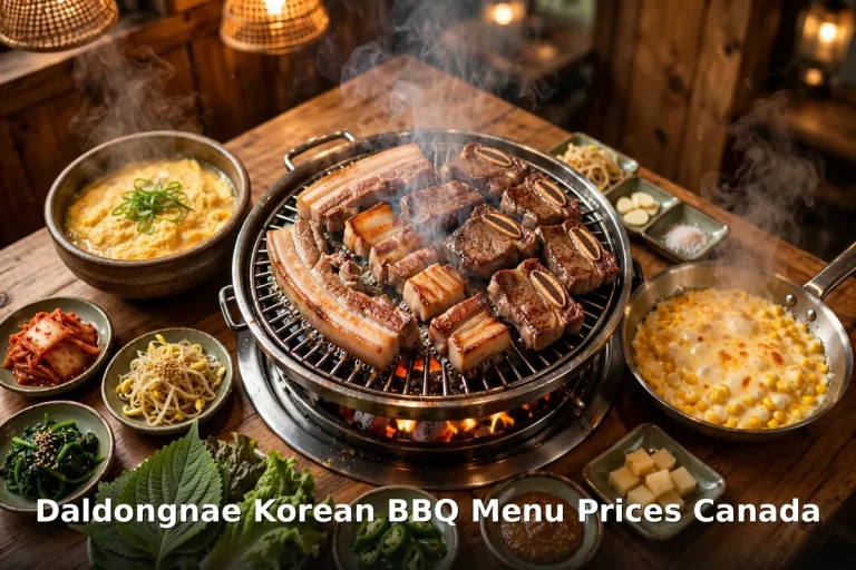 Daldongnae Korean BBQ menu prices Canada 2026 - AI-generated Korean BBQ tabletop grill with short ribs, pork belly and banchan sides