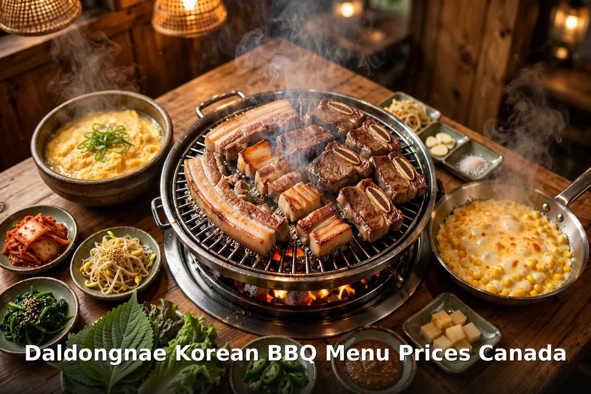 Daldongnae Korean BBQ menu prices Canada 2026 - AI-generated Korean BBQ tabletop grill with short ribs, pork belly and banchan sides