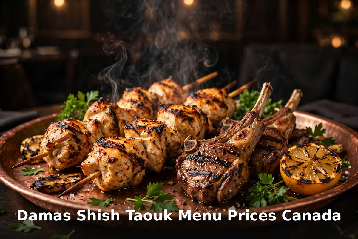 Damas shish taouk menu prices Canada: charcoal-grilled skewers and lamb chops