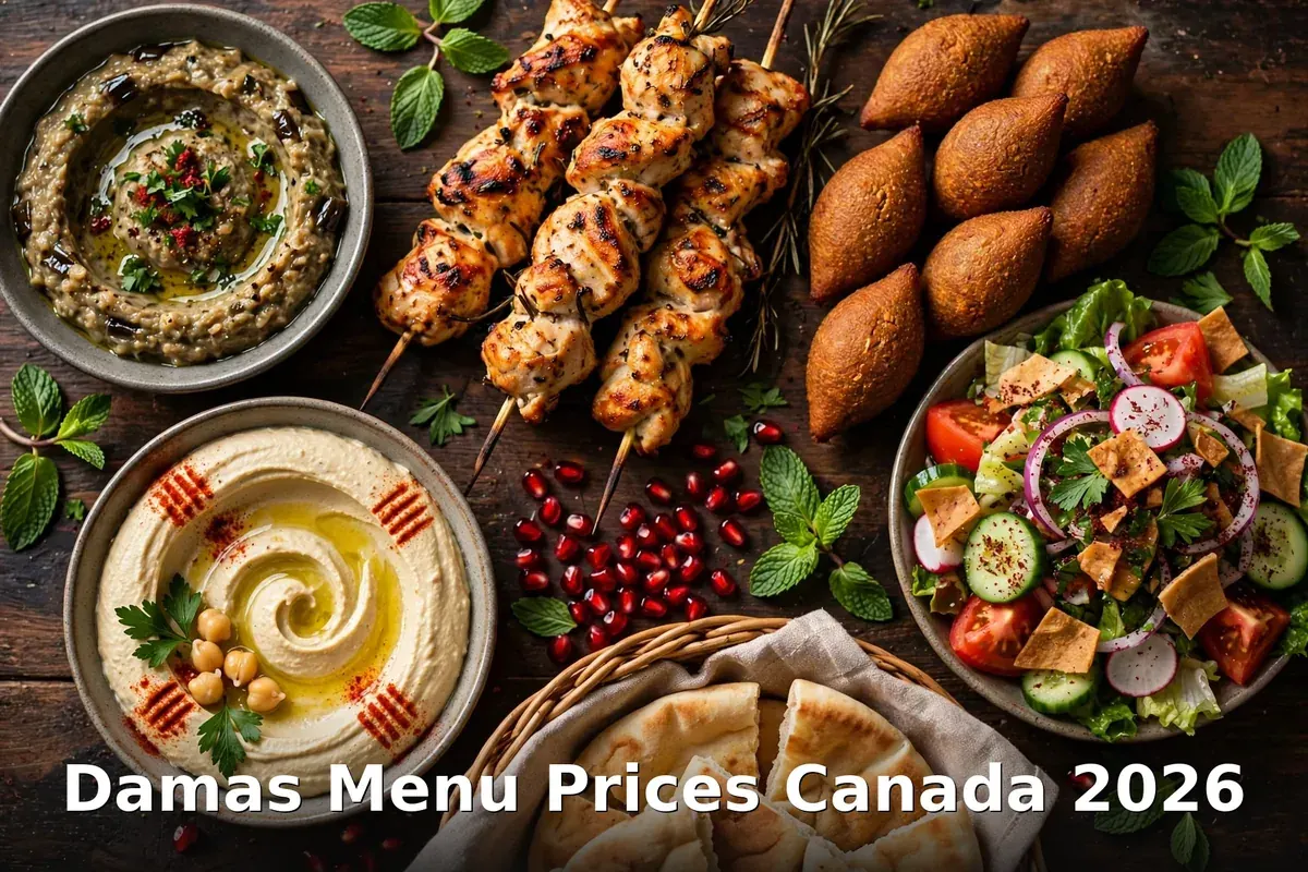Damas menu prices Canada 2026: Syrian mezze spread with grilled skewers, kibbeh and hummus