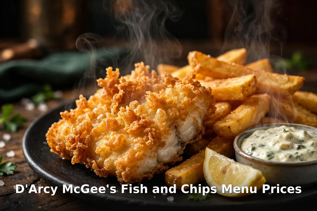 D'Arcy McGee's fish and chips menu prices Canada: crispy beer-battered fish with fries and tartar sauce