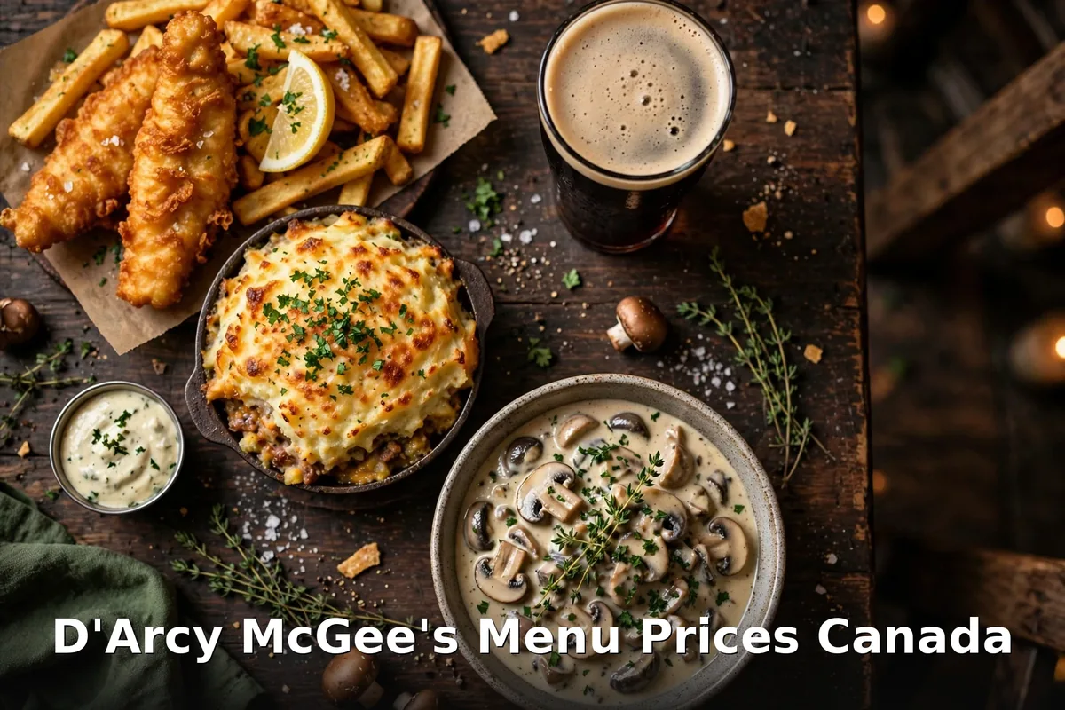 D'Arcy McGee's menu prices Canada 2026: Irish pub food spread with fish and chips, shepherd's pie and a pint of stout