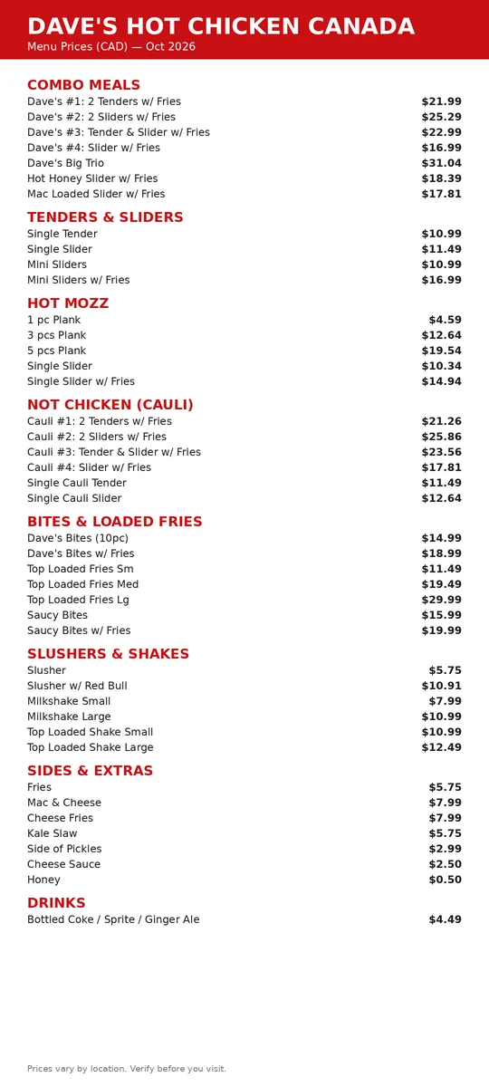 Dave's Hot Chicken Canada menu card with prices, dave's hot chicken canada menu with prices