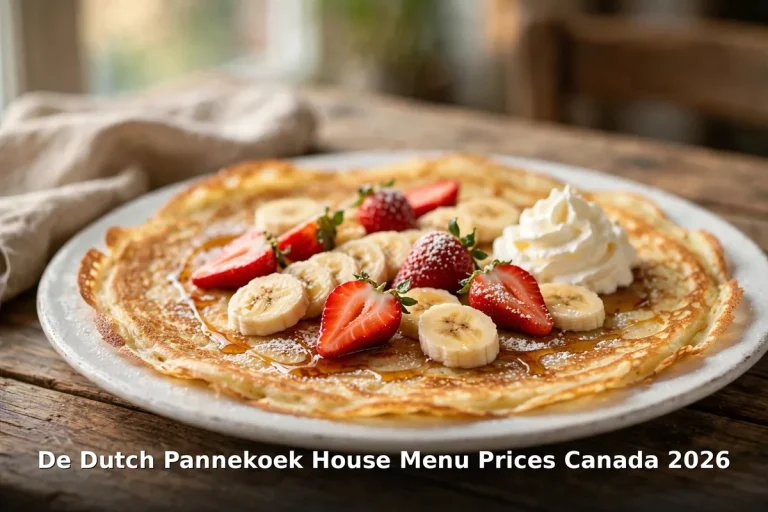 De Dutch Pannekoek House menu prices Canada 2026: sweet pannekoek with strawberries, banana and whipped cream
