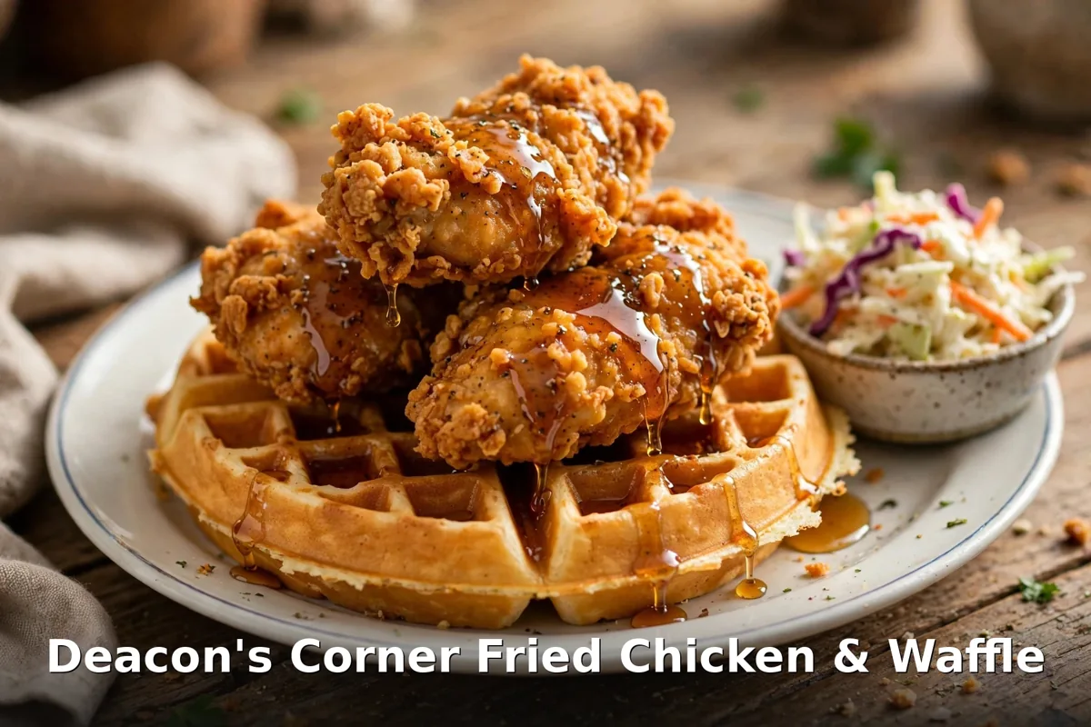 Deacon's Corner fried chicken and waffle with maple syrup and coleslaw, Deacon's Corner fried chicken prices