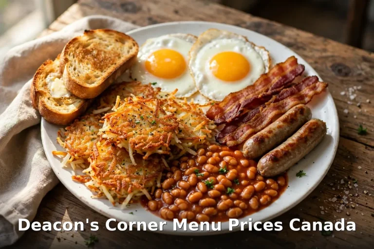 Deacon's Corner menu prices Canada 2026: all-day breakfast plate with sunny-side eggs, bacon, sausage, hash browns and baked beans
