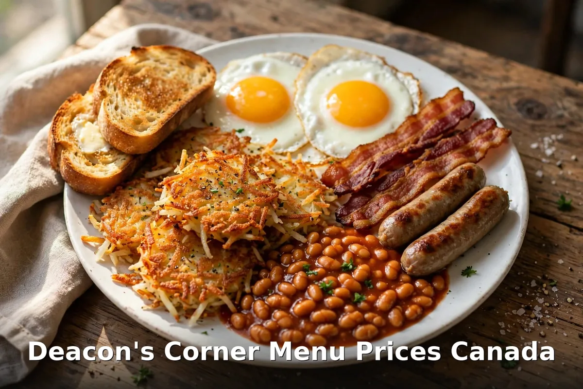 Deacon's Corner menu prices Canada 2026: all-day breakfast plate with sunny-side eggs, bacon, sausage, hash browns and baked beans