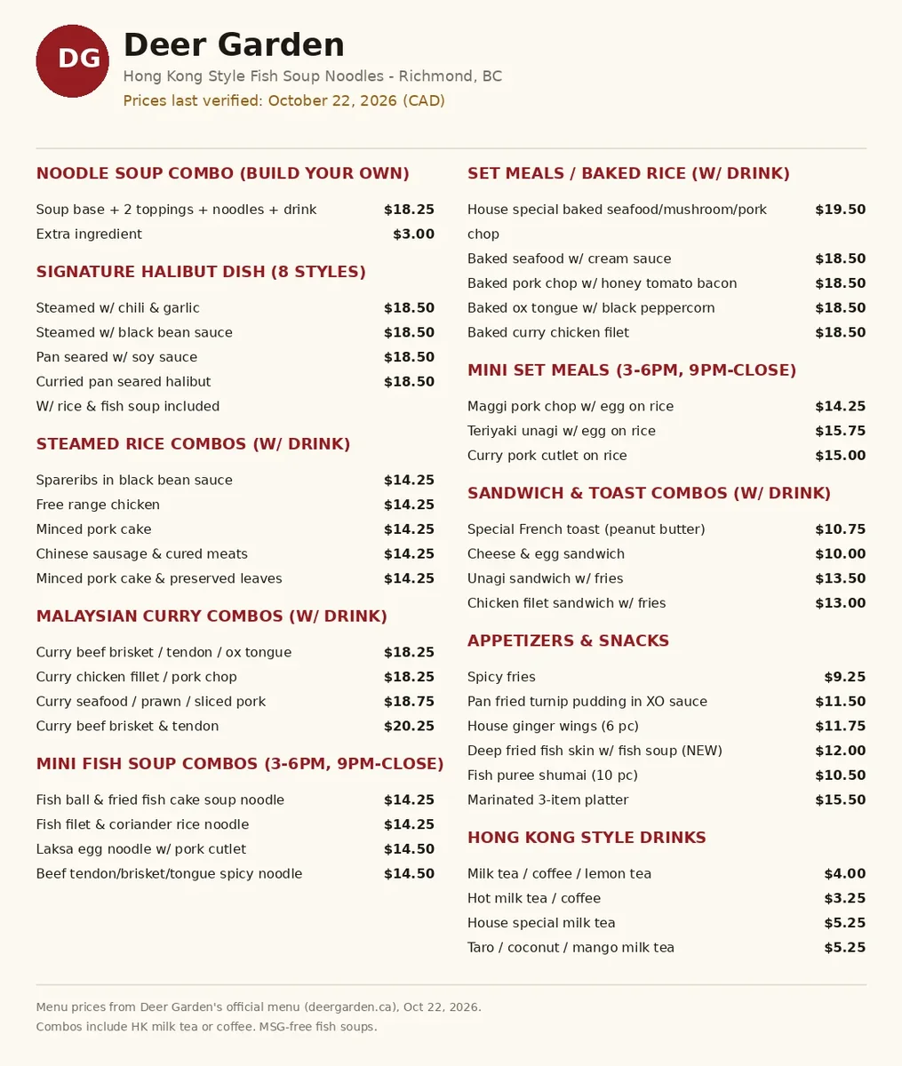 Deer Garden menu card Canada 2026: official BC menu with verified CAD prices, deer garden menu prices canada