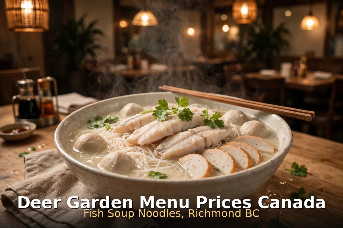 Deer Garden menu prices Canada 2026: steaming bowl of fish soup noodles with fish slices and fish balls