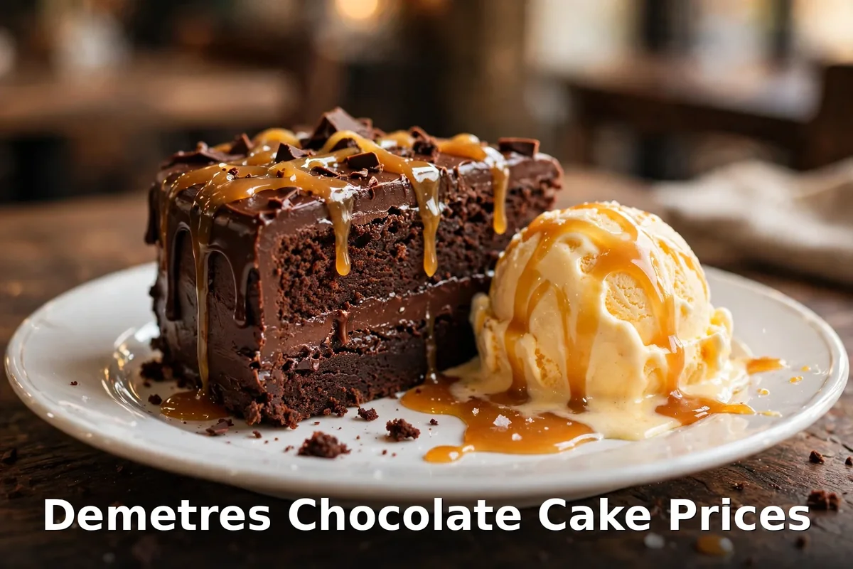Demetres chocolate cake prices Canada: chocolate fudge cake slice with caramel sauce and vanilla ice cream