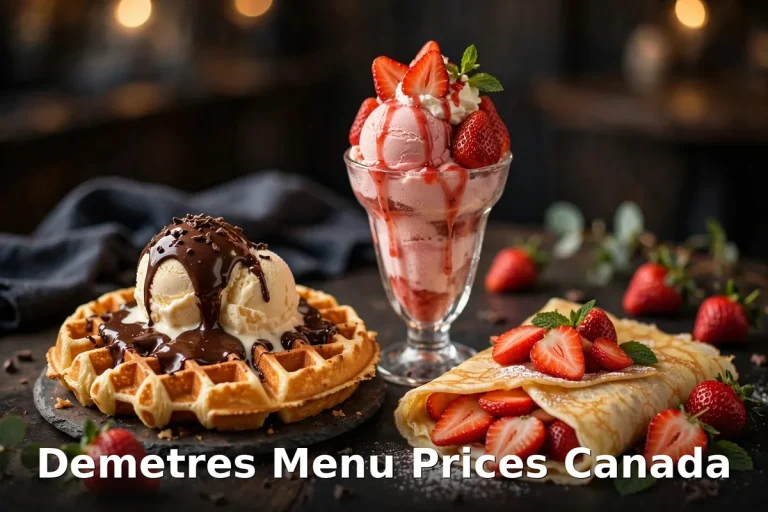 Demetres menu prices Canada 2026: Belgian waffle with ice cream and chocolate sauce, strawberry sundae and crepe with fresh strawberries