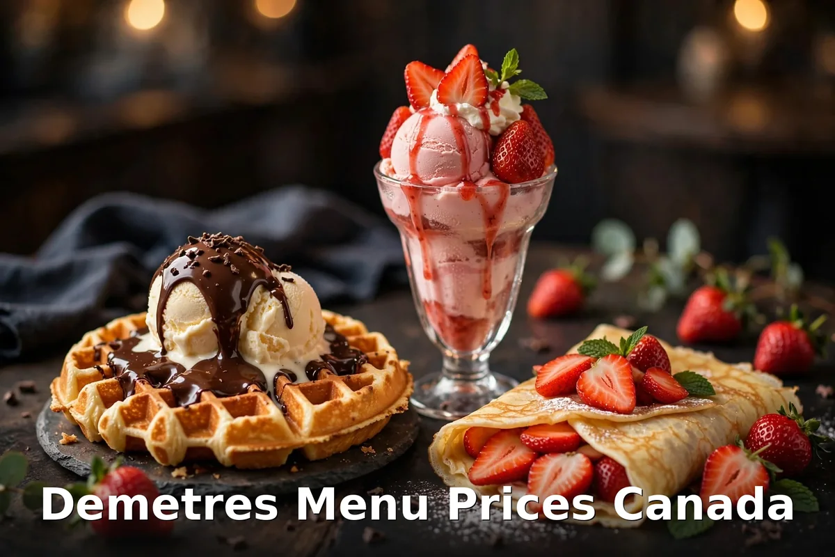 Demetres menu prices Canada 2026: Belgian waffle with ice cream and chocolate sauce, strawberry sundae and crepe with fresh strawberries