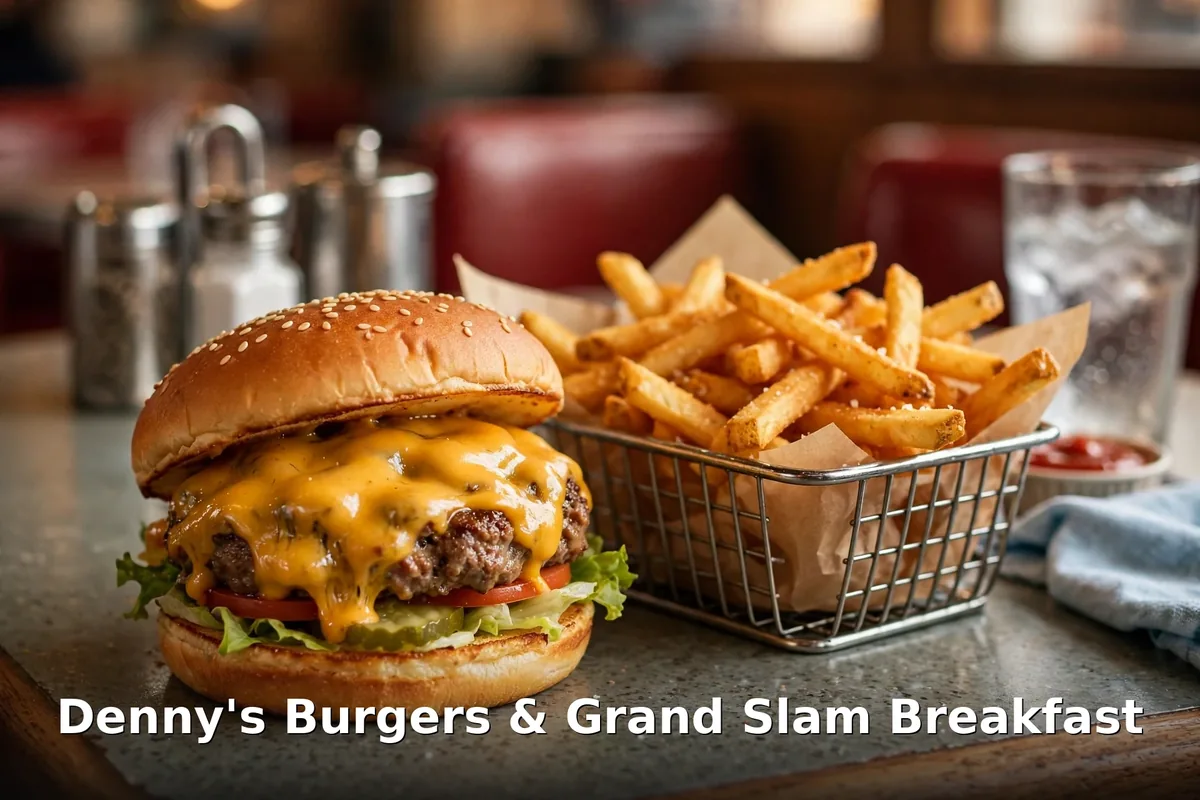 Denny's breakfast prices Canada, Grand Slam breakfast with pancakes, eggs and sausage, denny's slam breakfast menu
