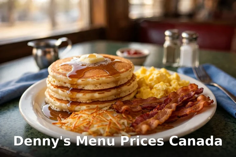 Denny's menu prices Canada: hearty Grand Slam breakfast platter with eggs, pancakes, sausage and hash browns