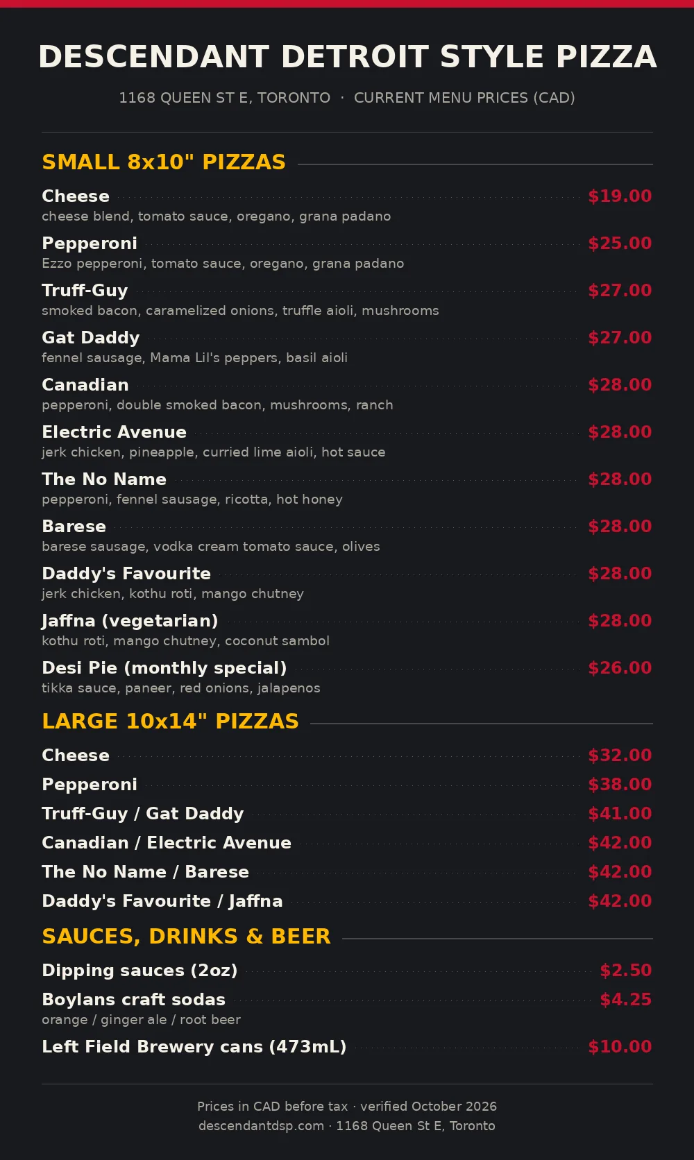 Descendant Pizza official menu card showing small and large Detroit-style pizza prices in CAD, descendant pizza menu prices canada