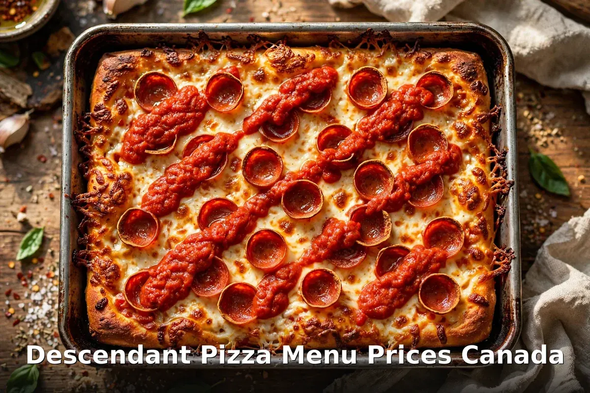 Detroit-style square pepperoni pizza in a steel pan with sauce on top of the cheese, descendant pizza menu prices canada