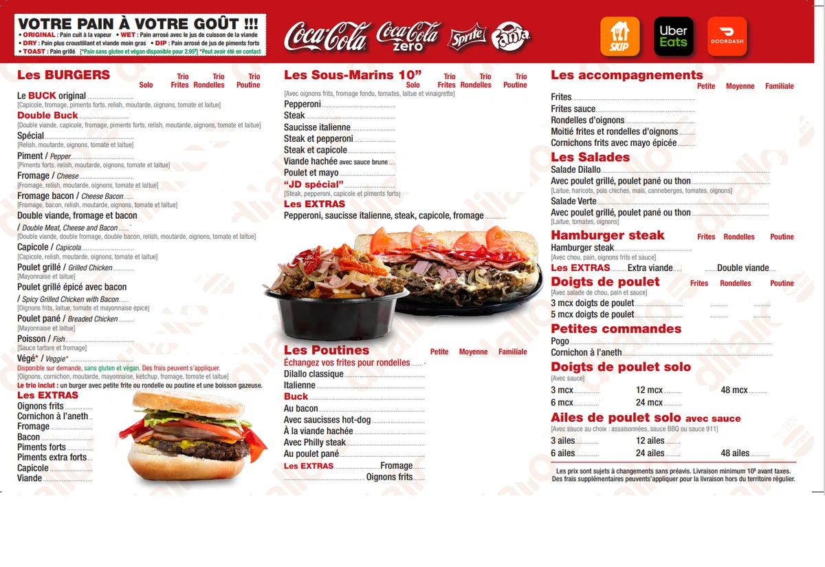 Dilallo Burger menu card Canada 2026: official menu items with burgers, subs, poutines and prices in CAD, dilallo burger menu prices canada