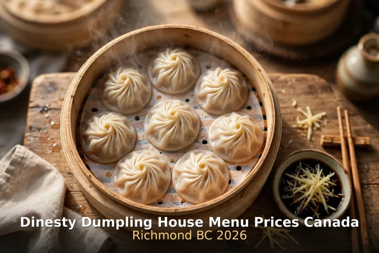 Dinesty Dumpling House menu prices Canada 2026: steaming xiao long bao soup dumplings in a bamboo steamer, dinesty dumpling house menu prices