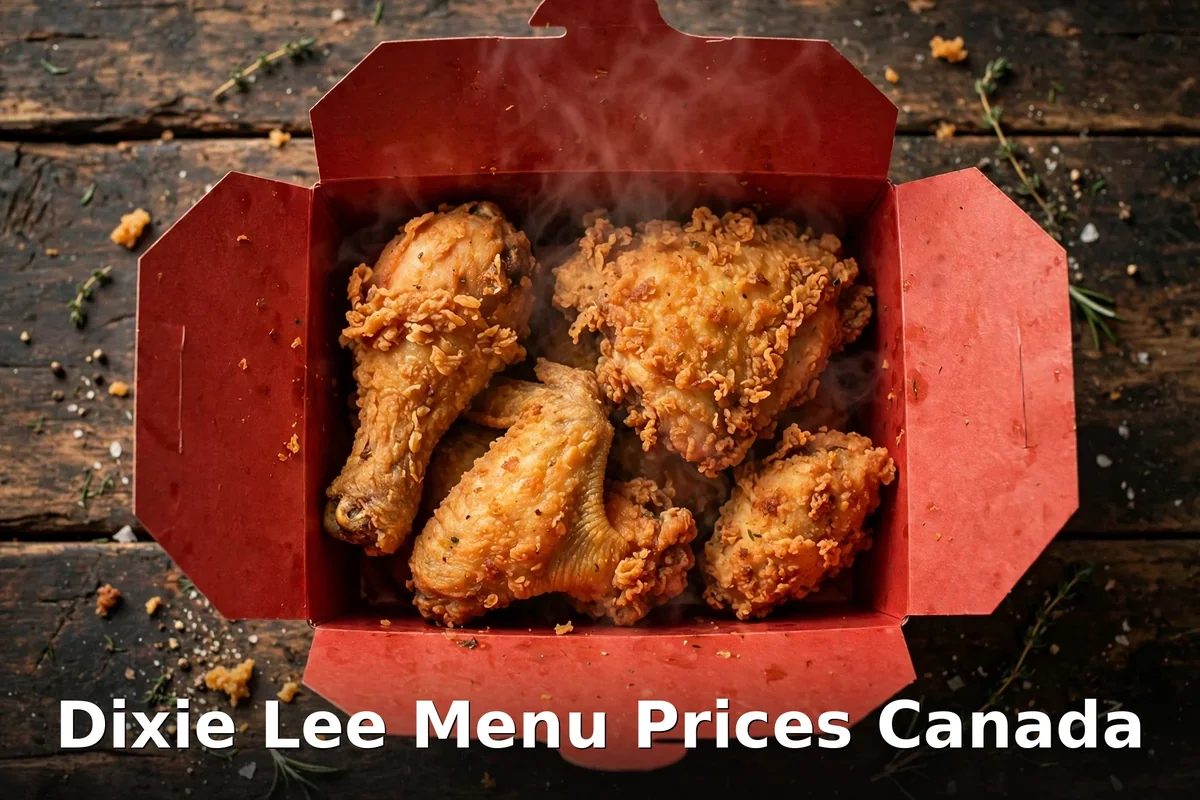 Dixie Lee menu prices 2026: crispy fried chicken pieces in red takeout box, dixie lee menu prices canada