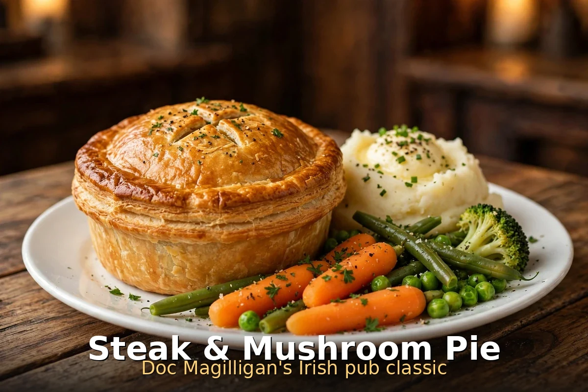 doc magilligan's steak and mushroom pie, Doc Magilligan's signature steak and mushroom pie with golden puff pastry