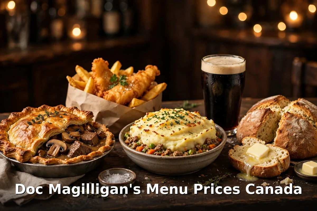 doc magilligan's menu prices Canada 2026: AI-generated Irish pub spread with steak pie, shepherd's pie, fish and chips and a pint of stout, Doc Magilligan's signature dishes
