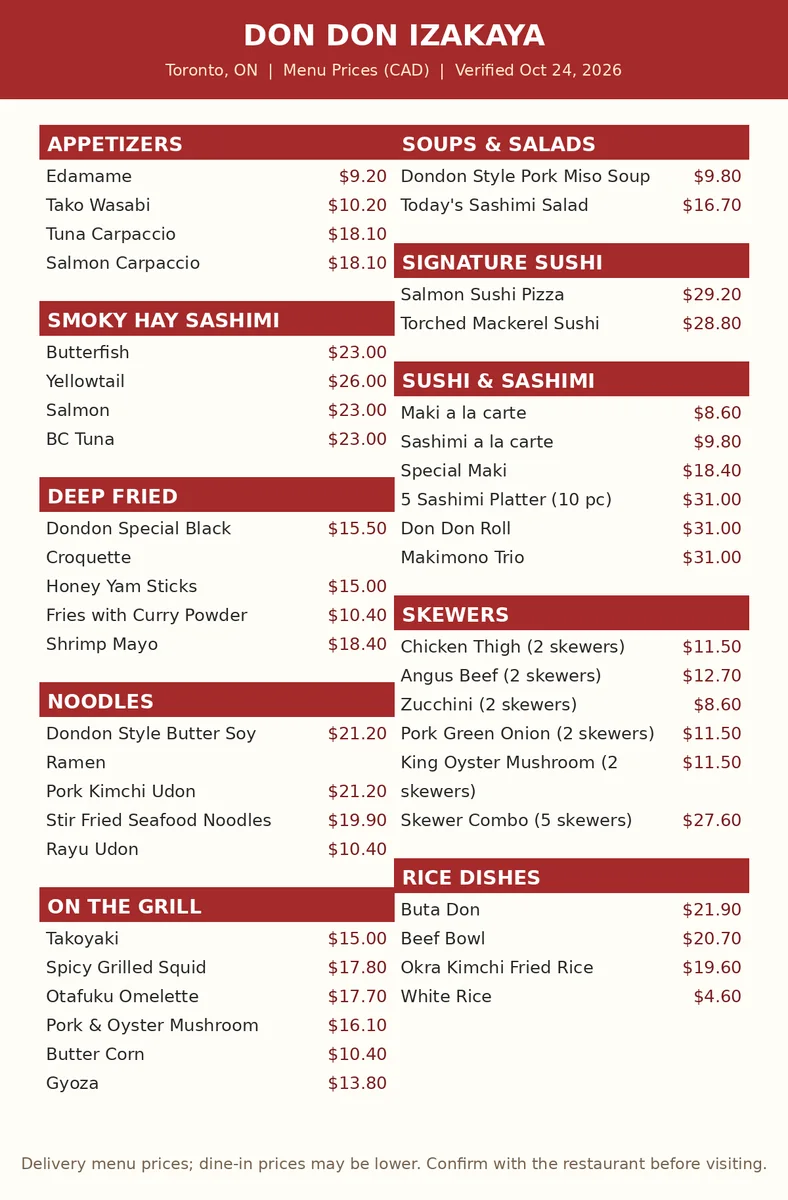 Don Don Izakaya menu prices, current Don Don Izakaya menu card with appetizer, skewer and sushi prices in CAD