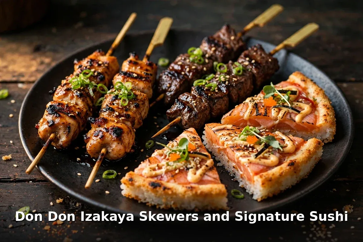Don Don Izakaya skewers and signature sushi prices, grilled izakaya skewers and salmon sushi pizza at Don Don Izakaya Canada