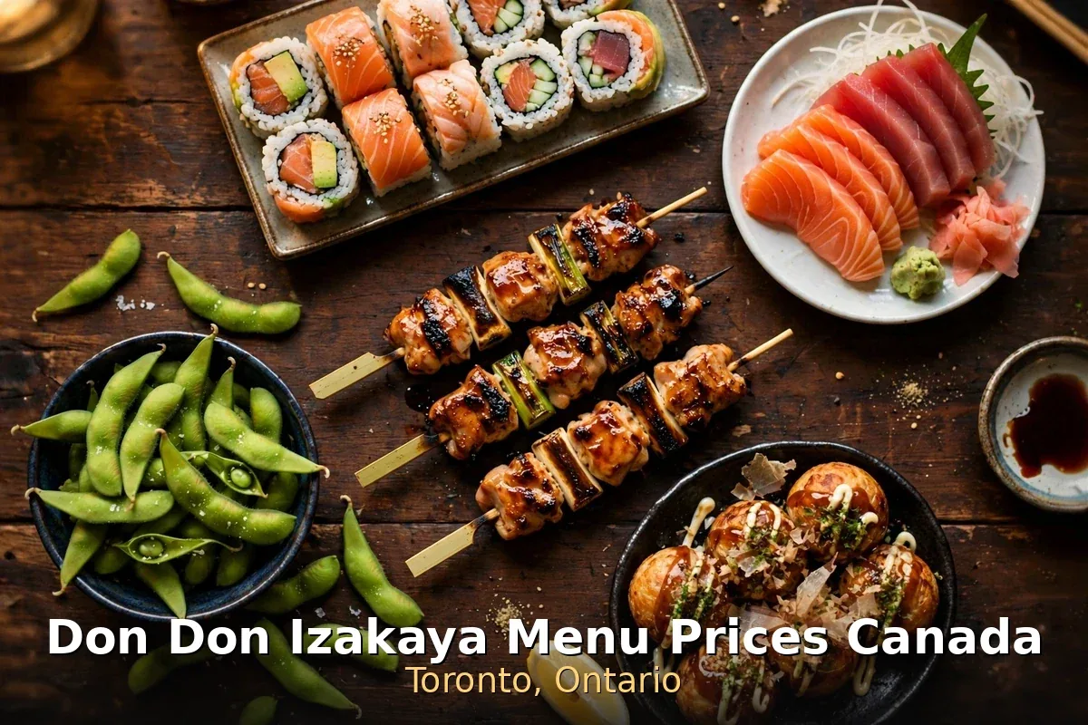 Don Don Izakaya menu prices, izakaya small-plates spread with grilled skewers and sushi at Don Don Izakaya Canada 2026