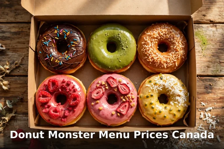 Donut Monster menu prices 2026, AI artisan donut shop photo with keyword text overlay, donut monster menu