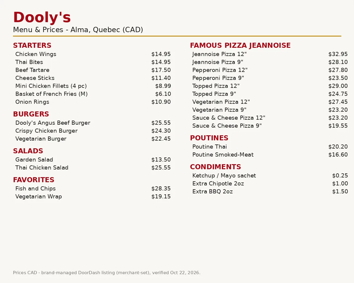 Dooly's menu card prices Canada