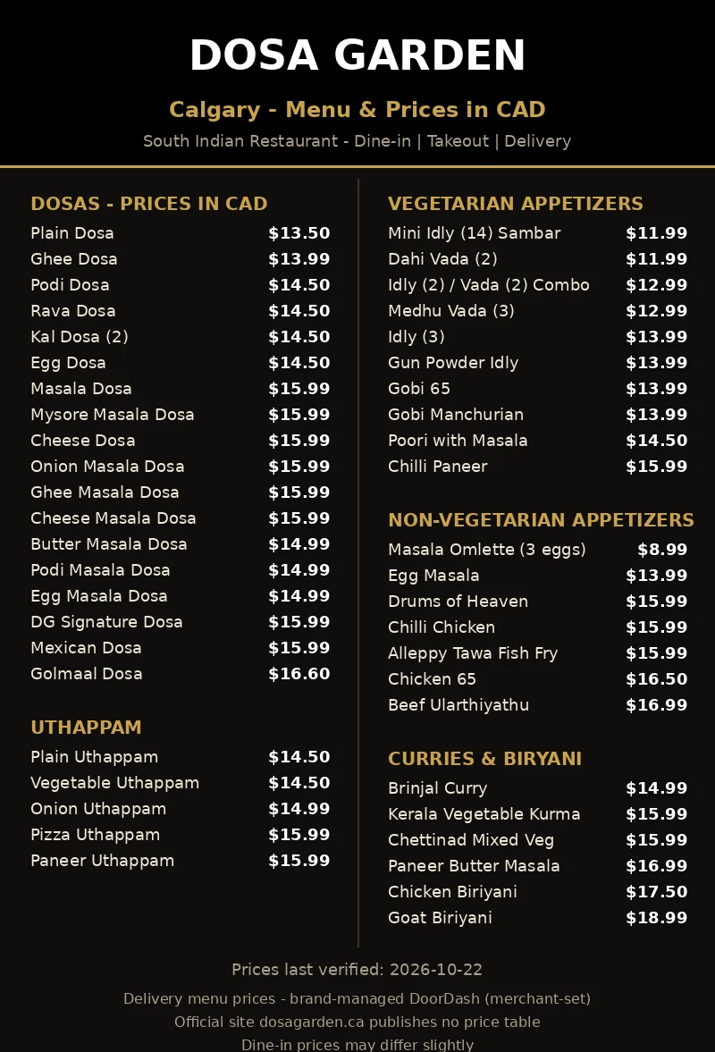 Dosa Garden menu prices, current Dosa Garden Calgary menu card with dosa, appetizer and biryani prices in CAD