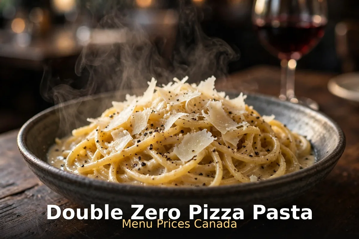 Double Zero Pizza pasta prices Canada: steaming cacio e pepe pasta bowl with red wine