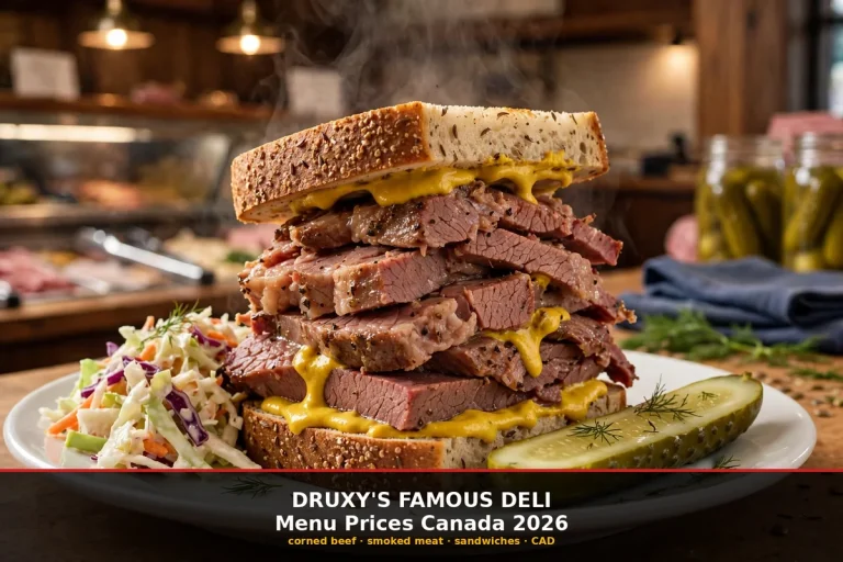 druxys famous deli menu prices canada 2026: steaming stacked corned beef sandwich on deli rye with yellow mustard, coleslaw and a crisp dill pickle