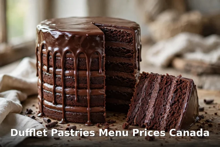 Chocolate layer cake with glossy ganache drips, dufflet pastries menu prices canada 2026