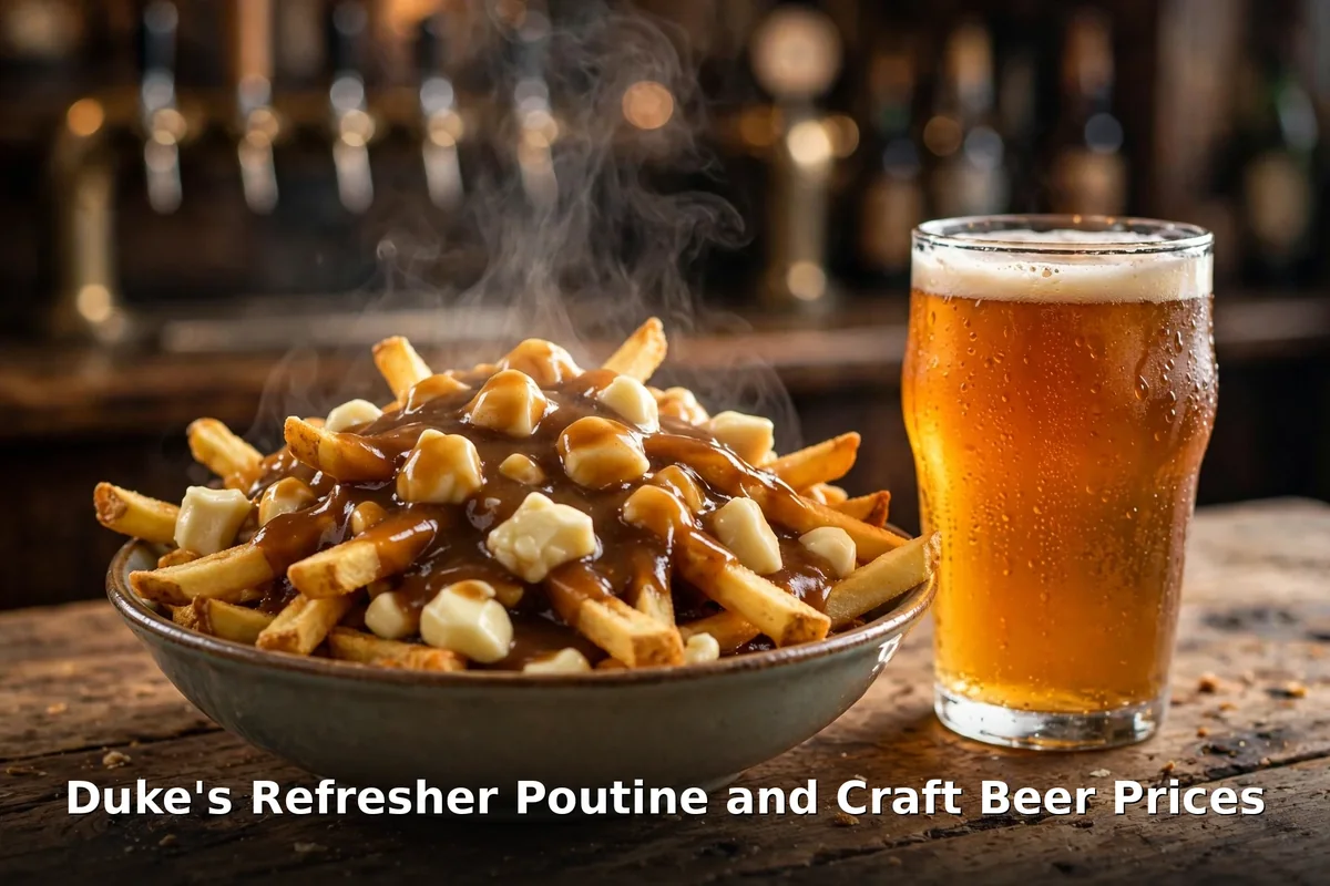 dukes refresher wing and beer prices: Duke's Refresher poutine with a draught beer at the Toronto pub