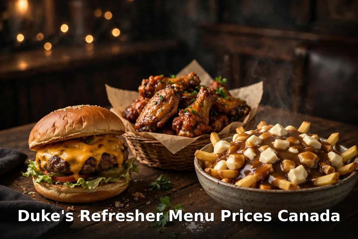dukes refresher menu prices canada 2026: Duke's Refresher pub table with sauced chicken wings, cheeseburger and loaded poutine