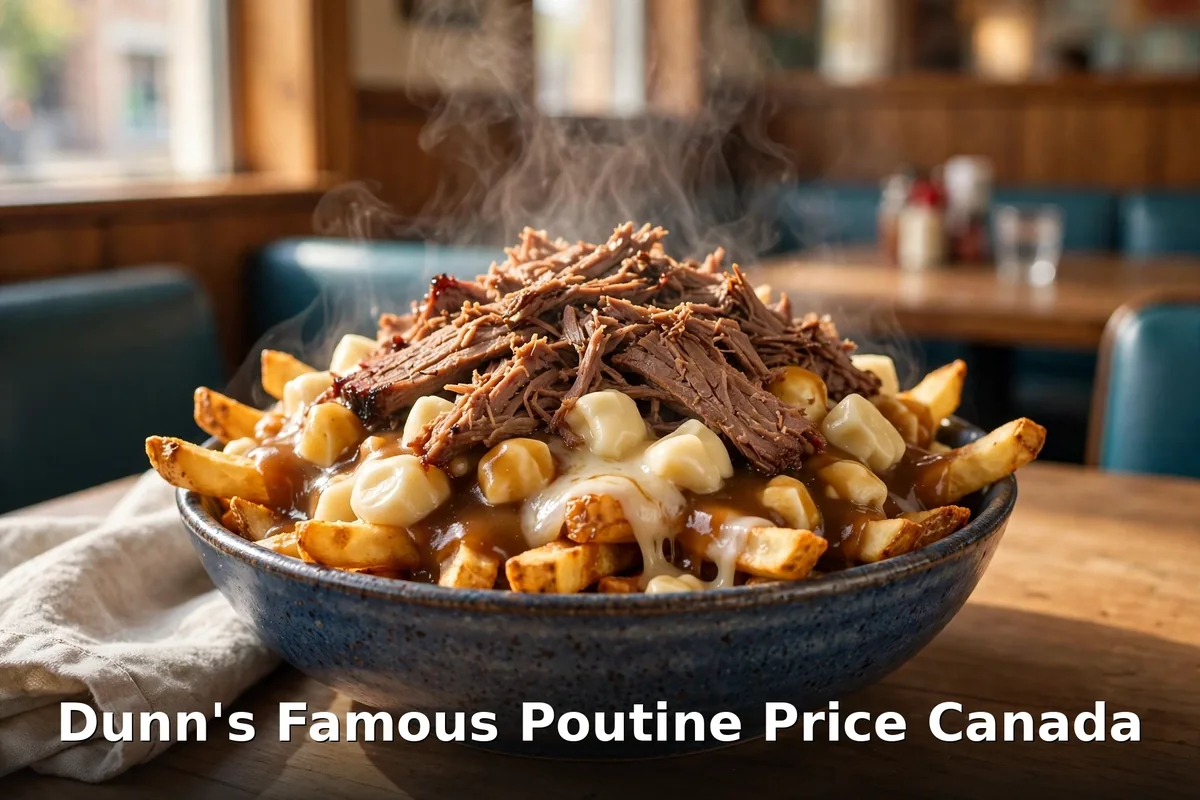Dunn's Famous poutine price Canada: steaming smoked meat poutine with cheese curds and gravy