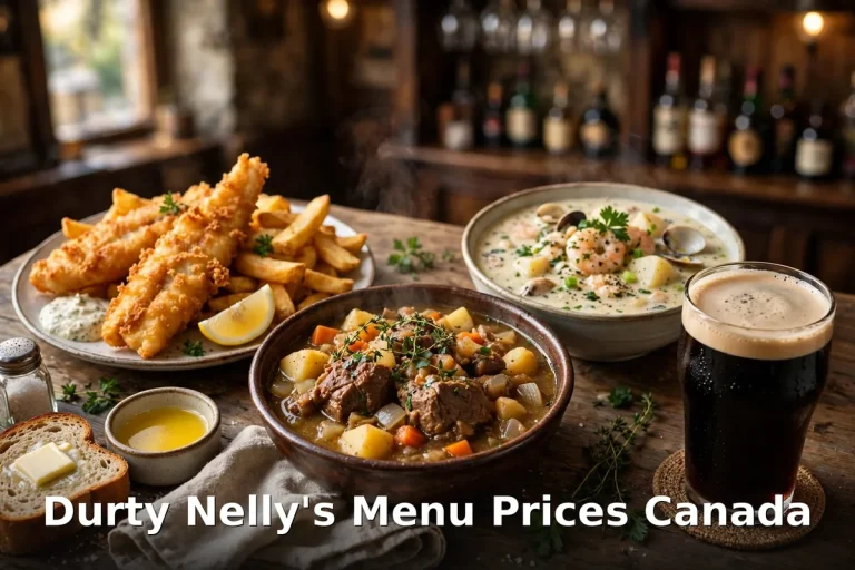 Durty Nelly's menu prices Canada - Irish pub fish and chips, Irish stew and seafood chowder
