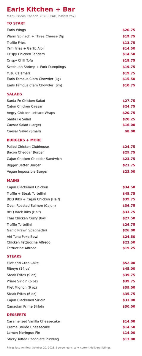 Earls Canada menu card 2026 with verified CAD prices for starters, salads, burgers, mains, steaks, desserts and kids, earls menu prices canada