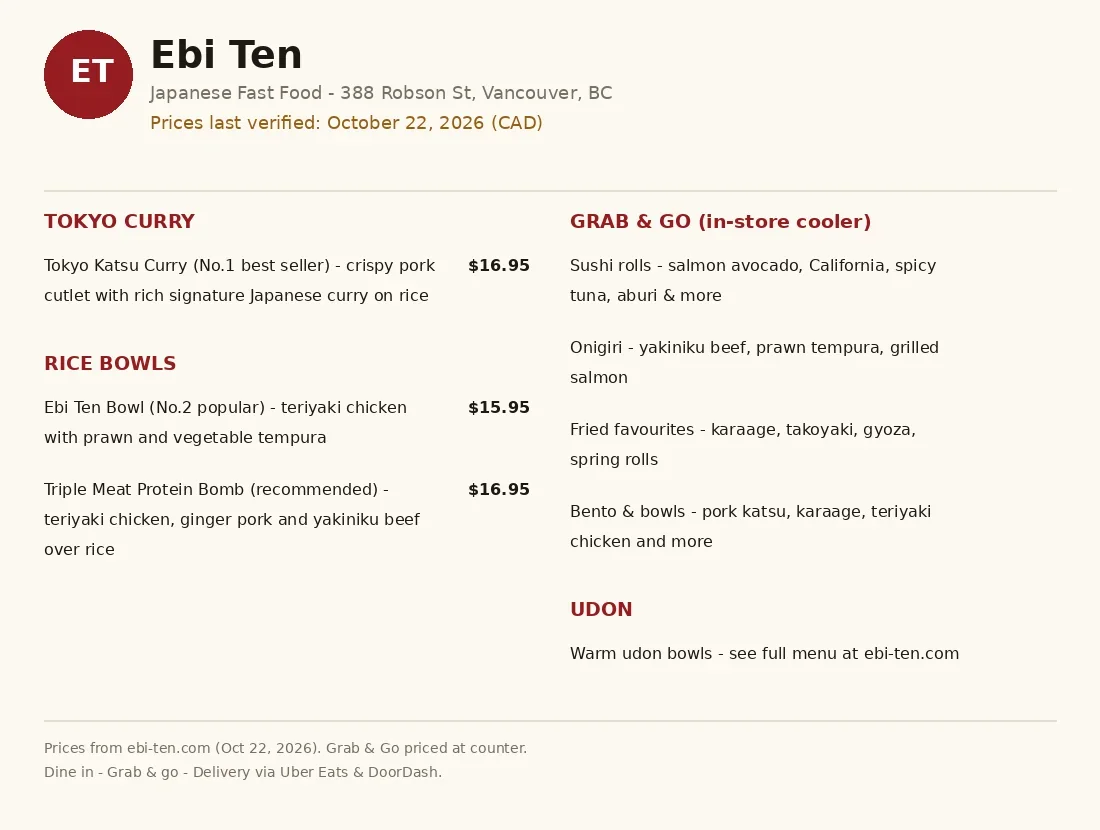Ebi Ten menu card showing current Canadian Japanese fast food menu prices in CAD, ebi ten menu prices canada