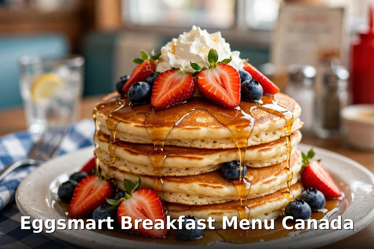 eggsmart breakfast menu canada: tall stack of buttermilk pancakes with strawberries, blueberries, whipped cream and maple syrup