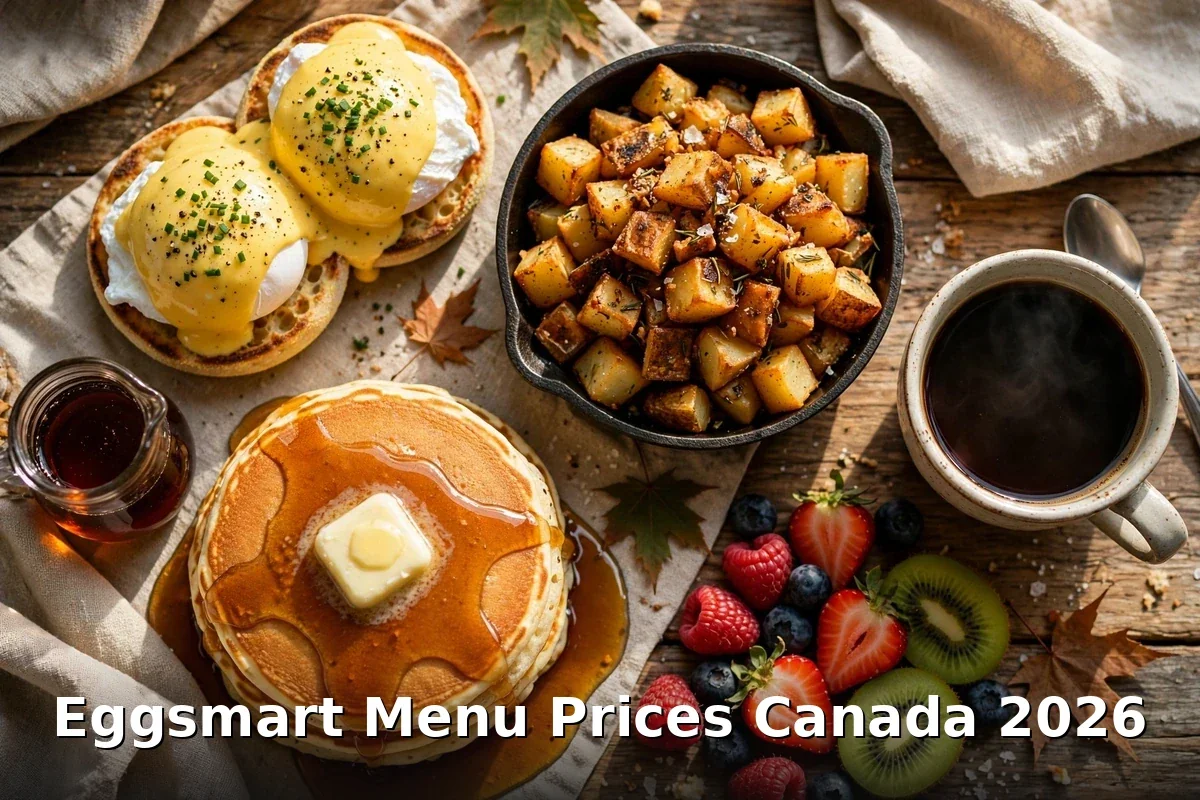 eggsmart menu prices canada 2026: eggs benedict with hollandaise and chives, buttermilk pancakes with maple syrup, skillet of signature home fries, fresh fruit and coffee