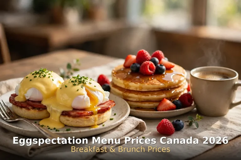eggspectation menu prices canada 2026: classic benedict with hollandaise sauce, fresh fruit and orange juice on a breakfast table