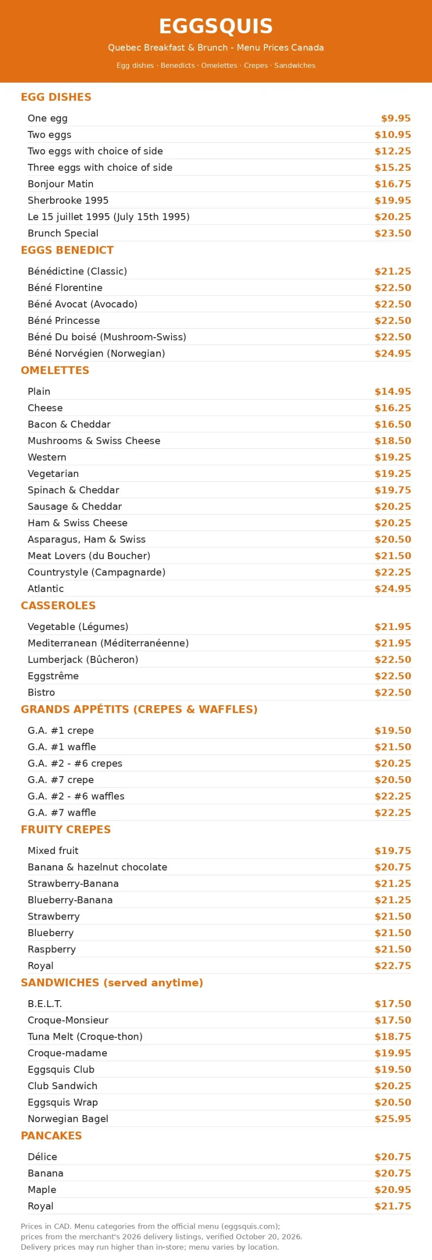 Eggsquis menu card with current CAD prices, eggsquis menu prices 2026