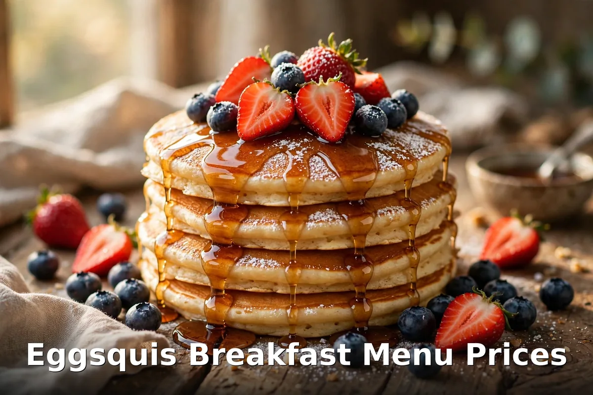 Eggsquis breakfast menu prices Canada, stack of pancakes with maple syrup and berries