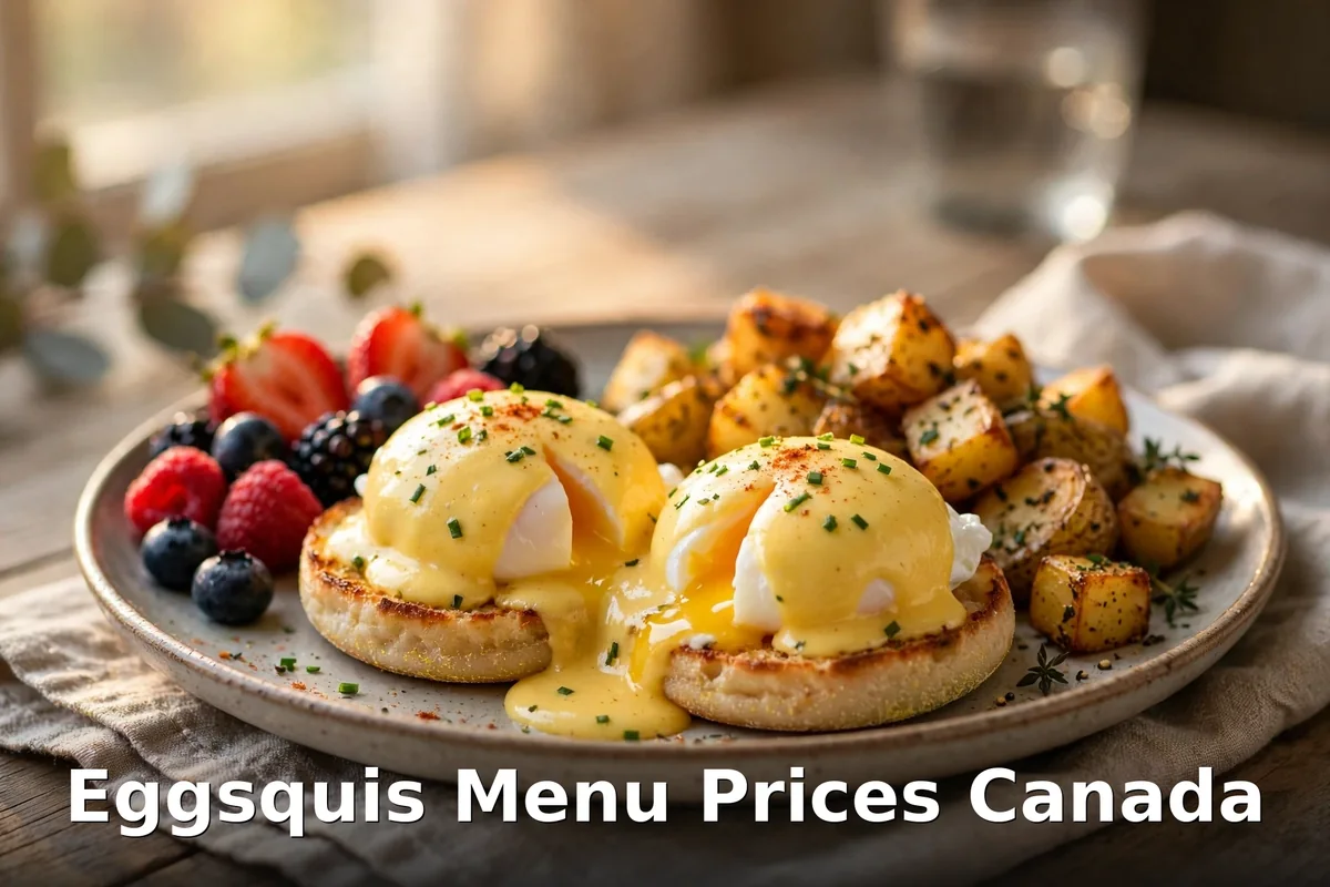 Eggsquis menu prices Canada: eggs benedict with hollandaise, home fries and berries at a Quebec breakfast restaurant