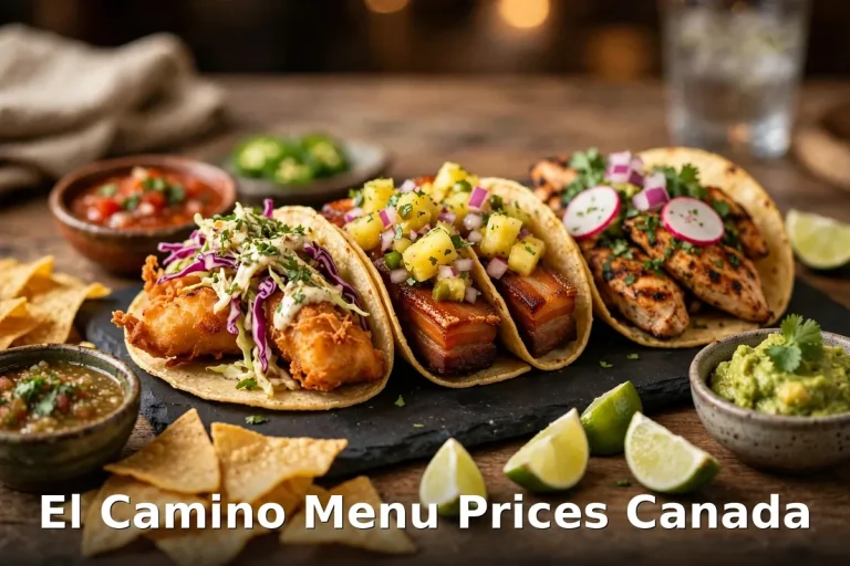 AI-generated taco spread with crispy fish, pork belly pastor and grilled chicken tacos, el camino menu prices canada 2026